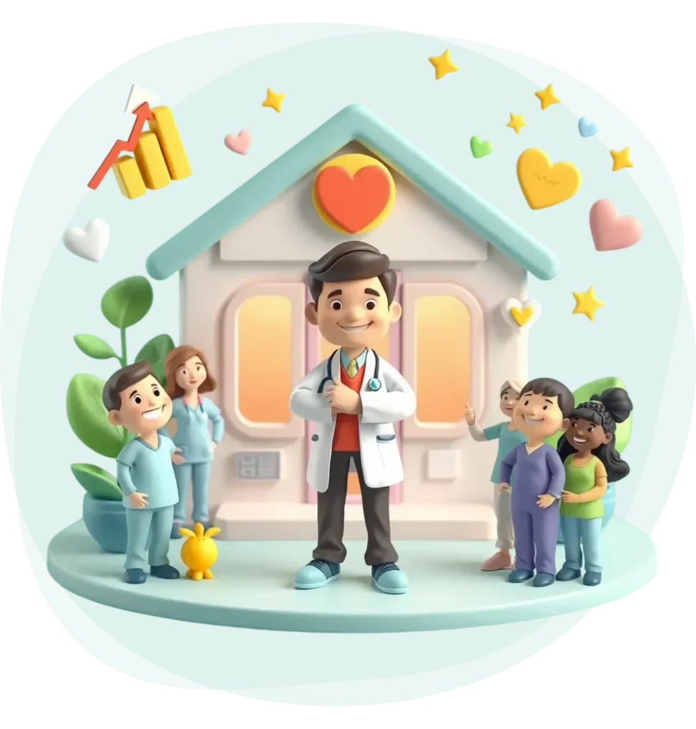 happy doctor with satisfied patients around